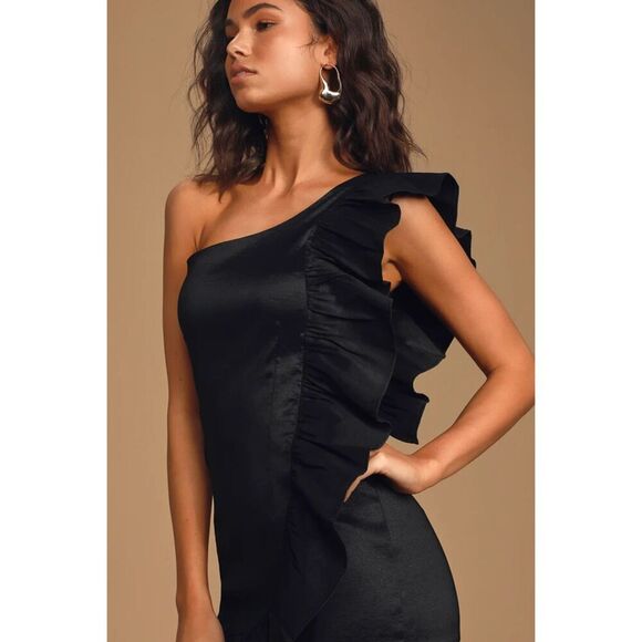 LULUS Chic State Of Mind Black Ruffled One Shoulder Taffeta Mini Dress Medium - Picture 3 of 10